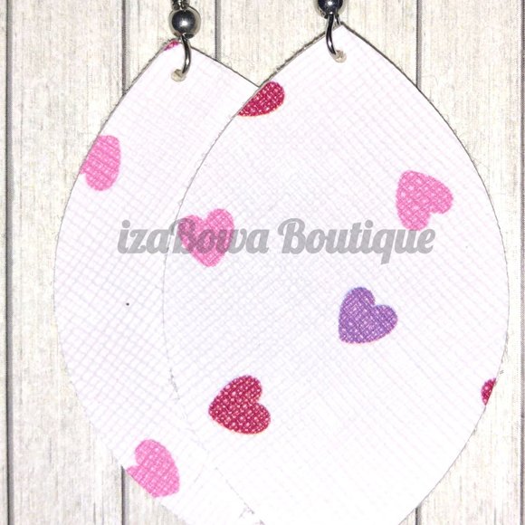 Hand Crafted Jewelry - Pink, Red, Purple Hearts on White Teardrop Faux Leather Earring (2) ER2606